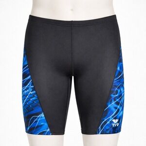 TYR Swim Shorts Size 38 Blue Graphic Black Drawstring Performance Compressive